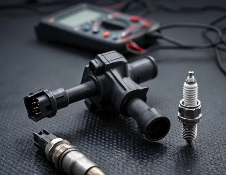 Ignition coil, spark plug and oxygen sensor on diagnostic bench