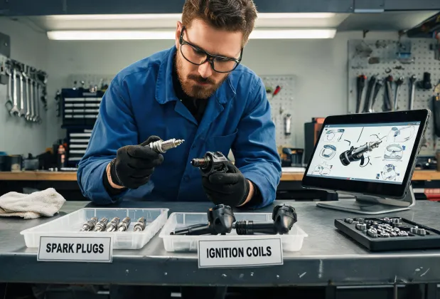Workshop technician preparing ignition parts
